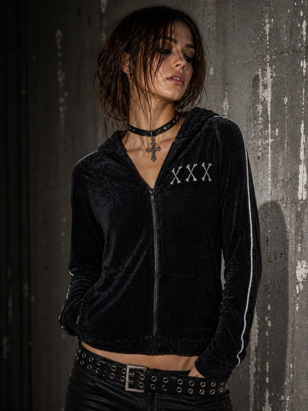 Lauren Moshi Skull Eye Hoodie Velvet Black Full Zip Goth Medium USA